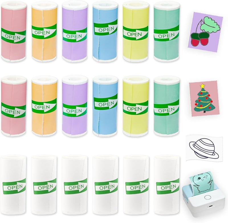 OMGFUNAA 18 Rolls Self-Adhesive Mini Printer Sticker Paper - 6 White & 12 Vibrant Colors for M02/T02 Printers (Remove Inner Paper Holder), Thermal Sticker Paper Continious Labels for Study Notes & Scrapbooking - Image 1